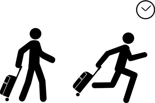 A person depicted as a human representation pushes a travel bag and starts to run as he sees a clock, indicating he is late to board or to check in.