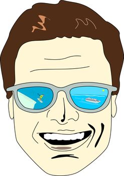 A happy man's face is portrayed with sunglasses which lens shows a ski station and a cruise ship, touristic options for travelers.