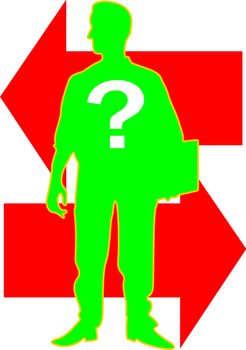 A silhouette of a business man stands alone carrying a file with an interrogation mark on his chest, and arrows behind him with opposite directions.