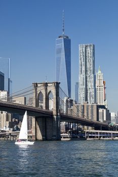 The New York City Downtown w Brooklyn Bridge and Freedom tower