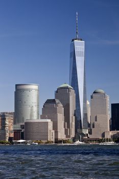 The New York City skyline at afternoon w the Freedom tower 2014