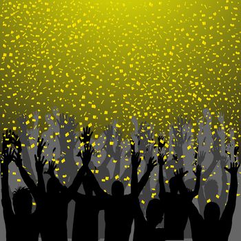 Nightclub party with hands in air and golden confetti