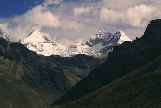 Deep canyons around Alpamayo, one of highest mountain peaks in Peruvian Andes, Cordillera Blanca