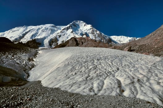 Picturesque view of glacier and highest peaks in Tien-Shan mountain range in Kyrgyzstan