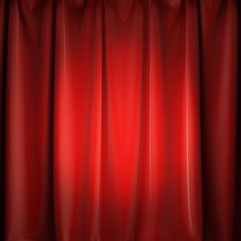 A 3d illustration of stage red curtains with spotlight. Copy space to place your text or logo.