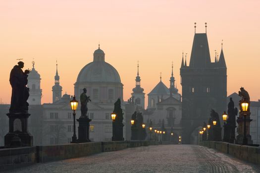 czech republic prague, charles bridge at dawn