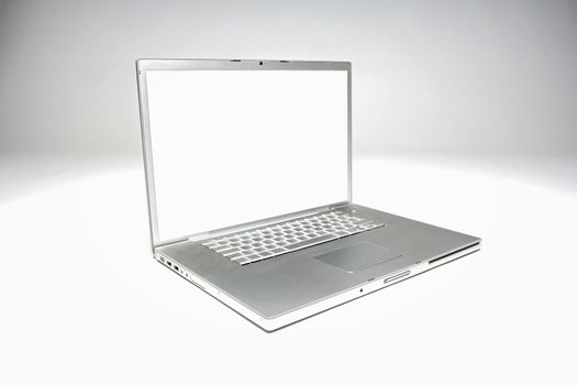 open silver laptop computer isolated on white background