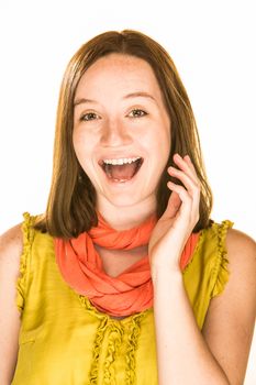 Pretty laughing girl on a white background