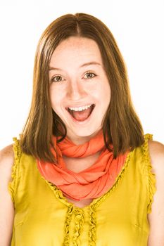 Pretty girl with a very happy expression on white background