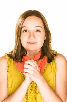 Pretty hopeful girl on a white background