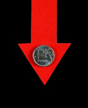 Red Arrow with Russian Ruble Down on the Black Background