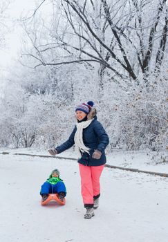 Winter, play, fun - Mother and her cute little son having fun with sled in winter park