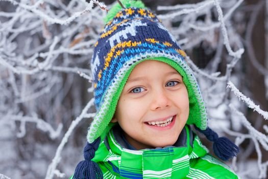 Portrait of a little boy in the snow