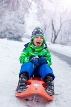 Winter, play, fun - Cute little boy having fun with sled in winter park