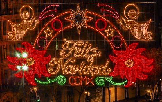 Mexico City Zocalo Town Square Christmas Night Celebration,  Feliz Navidad is Spanish for Merry Christmas.  Zocalo is Mexico's Mall or Tianamen Square.