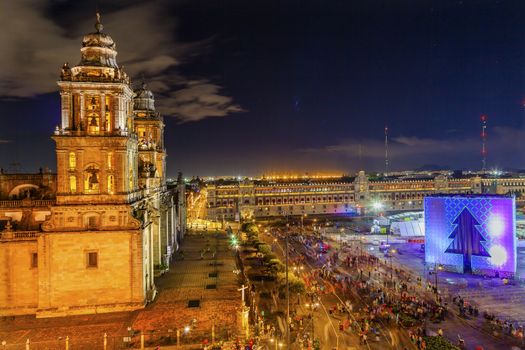 Metropolitan Cathedral and President's Palace in Zocalo, Center of Mexico City Christmas Night