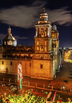 Metropolitan Cathedral and President's Palace in Zocalo, Center of Mexico City, at Night