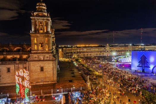 Metropolitan Cathedral and President's Palace in Zocalo, Center of Mexico City Mexico Christmas Night