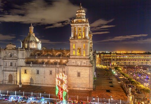 Metropolitan Cathedral and President's Palace in Zocalo, Center of Mexico City, at Night