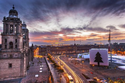 Metropolitan Cathedral and President's Palace in Zocalo, Center of Mexico City Mexico Christmas Sunrise