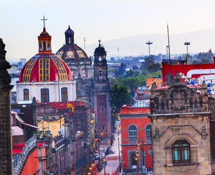 Zocalo Churches Painted Domes Steeples Streets, Center of Mexico City Mexic