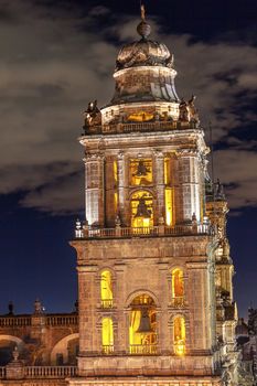 Metropolitan Cathedral Steeple Bells Statues in Zocalo, Center of Mexico City, at Night