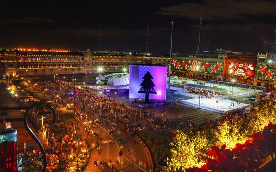 Mexico City Zocalo Christmas Night Celebration Ice Skating Rink,  Feliz Navidad is Spanish for Merry Christmas.