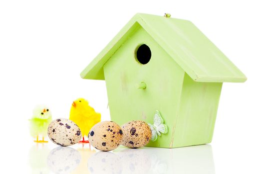 quail eggs with birdhouse, on a white background