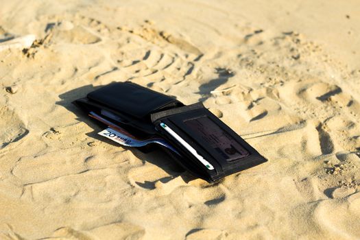 Wallet whit money open in the beach