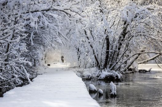 Snow-clad road near the water.