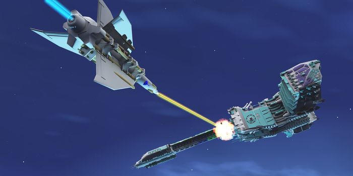 A battle ensues as a fighter spacecraft blasts a large enemy battleship with a laser beam.
