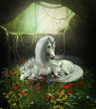 A Unicorn mother guards her foal as they sleep in a magical forest cavern full of flowers.