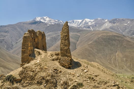 Picturesque old ruins of buddhist shrines in Himalayas mountains in Nepal