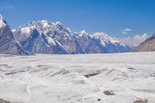 Scenic landscape on Engilchek glacier in Tian Shan mountain range in Kyrgyzstan