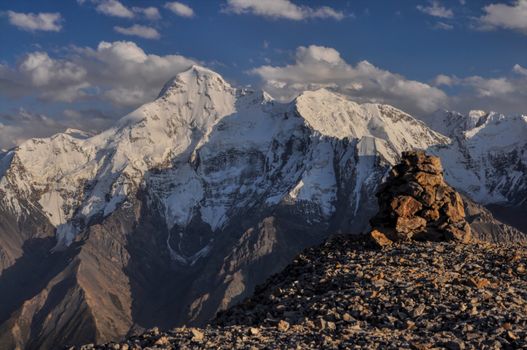 Scenic mountain peaks above  Engilchek glacier in Tian Shan mountain range in Kyrgyzstan