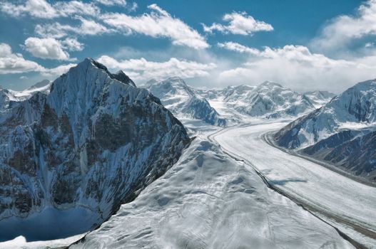 Scenic view of Fedchenko Glacier in Pamir mountains in Tajikistan