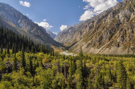 Scenic green valley in Ala Archa national park in Tian Shan mountain range in Kyrgyzstan