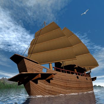 Oriental junk boat floating on the ocean by day -3D render