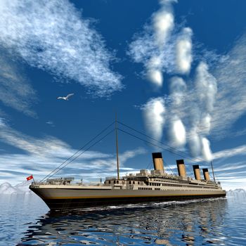 Famous Titanic ship floating among icebergs on the water by cloudy day - 3D render