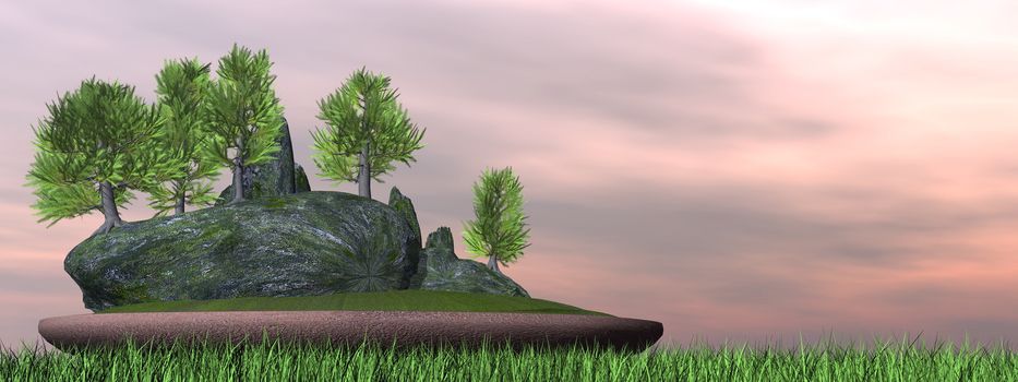 Japanese cedar tree bonsai upon green grass by sunset - 3D render