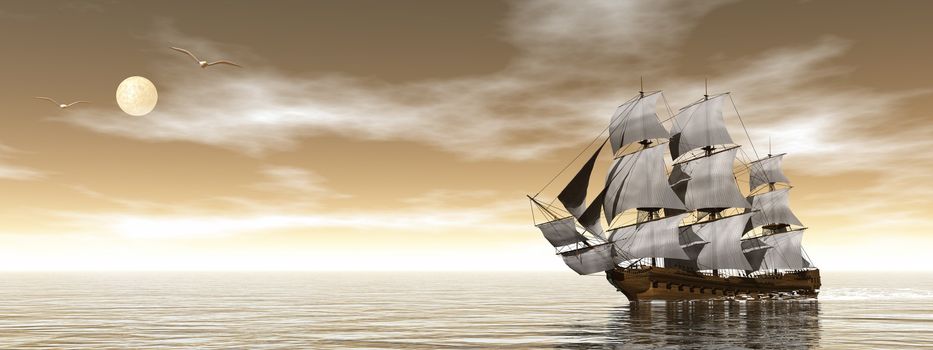 Beautiful detailed old merchant ship next to seagulls by brown sunset - 3D render