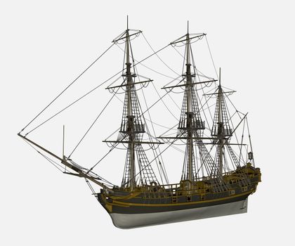 Beautiful detailed old Licorne ship isolated in white background - 3D render