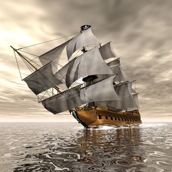 Beautiful detailed Pirate Ship, floating on the ocean by cloudy sunset - 3D render