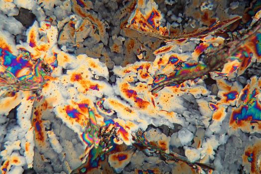 Potassium sulfate under the microscope (magnification 80x and polarized light). Potassium sulfate is a common reagent in fertilizers.