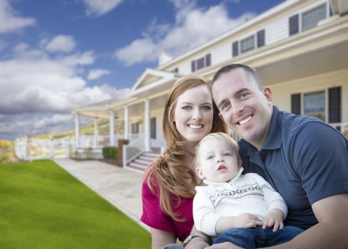 Happy Young Military Family in Front of Their Beautiful House.