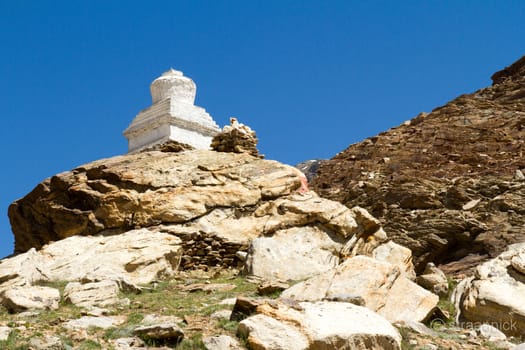 Buddhist stupa at the pass in the Himalayas mountains. Zanskar, India