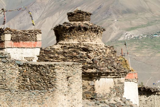 Buddhist stupa in the tibetan village. Zanskar, India