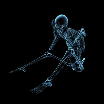 3d rendered blue skeleton of a sitting