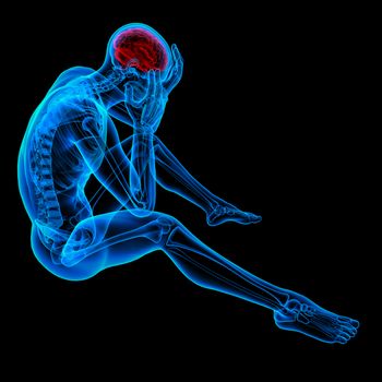 3d rendered blue skeleton of a sitting - headache - side view