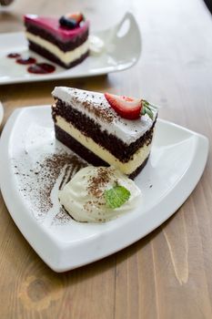 chocolate cake and rasberry cake